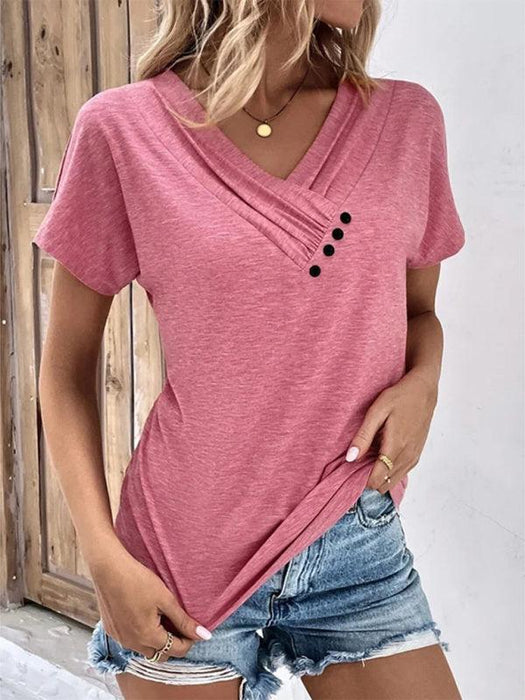 Elegant V-Neck Tee with Button Embellishments for Ladies