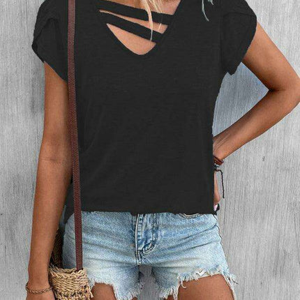 Elegant V-Neck Petal Sleeve Women's T-Shirt - Summer Wardrobe Essential