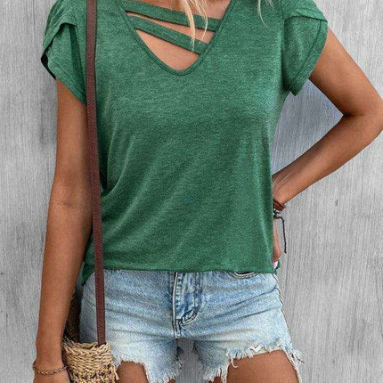 Elegant V-Neck Petal Sleeve Women's T-Shirt - Summer Wardrobe Essential