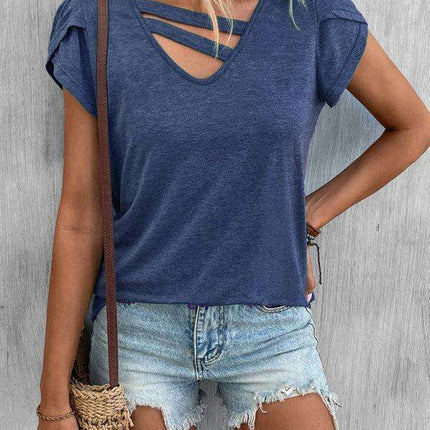 Elegant V-Neck Petal Sleeve Women's T-Shirt - Summer Wardrobe Essential