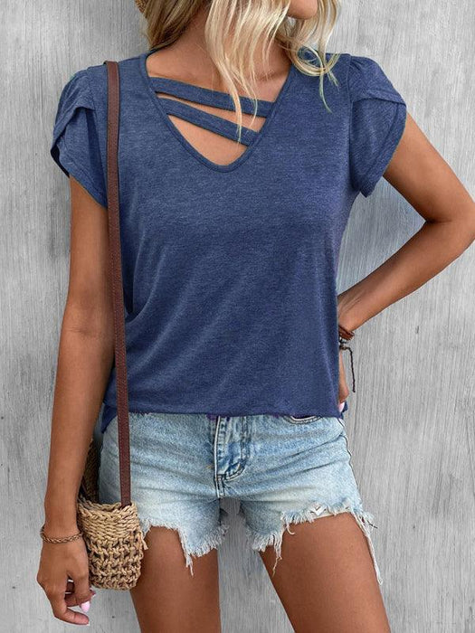 Vibrant Solid Color V-Neck Petal Sleeve Women's T-Shirt - Summer Chic