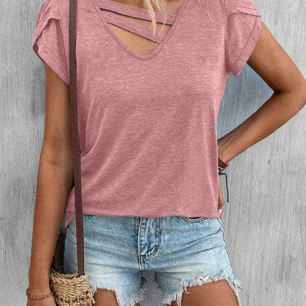 Elegant V-Neck Petal Sleeve Women's T-Shirt - Summer Wardrobe Essential