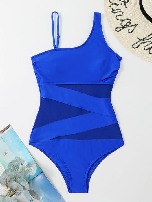 Jakoto | Women's Seductive Solid Color One-Shoulder Mesh Panel Swimsuit