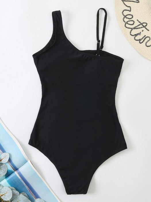 Jakoto | Women's Seductive Solid Color One-Shoulder Mesh Panel Swimsuit