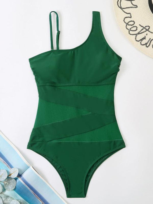 Mesh Slice | Women's Sexy Solid Color One-Shoulder One-Piece Swimsuit