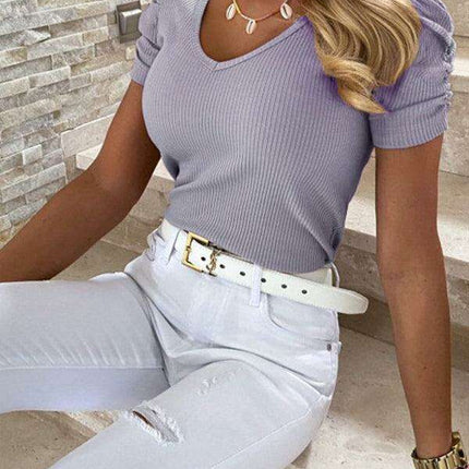 Chic V-Neck Puff Sleeve Top with Unique Pit Strip Detail