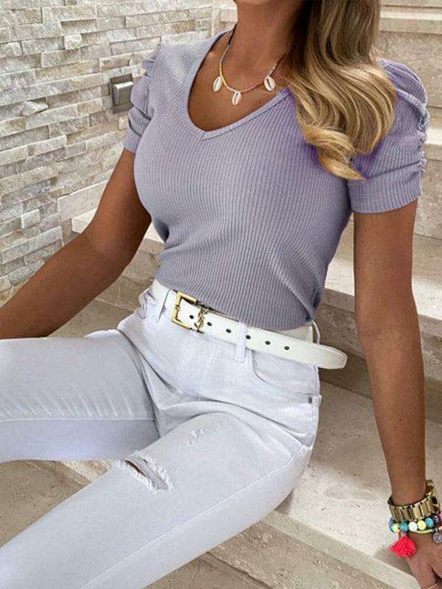 Chic V-Neck Puff Sleeve Top with Unique Pit Strip Detail