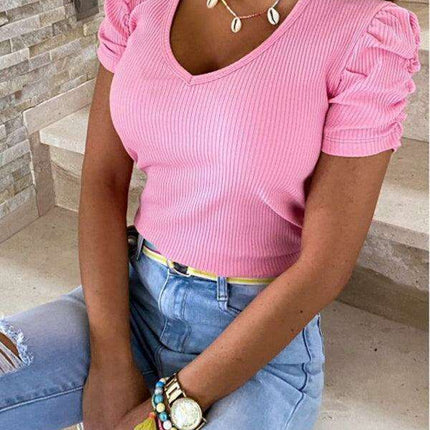 Chic V-Neck Puff Sleeve Top with Unique Pit Strip Detail