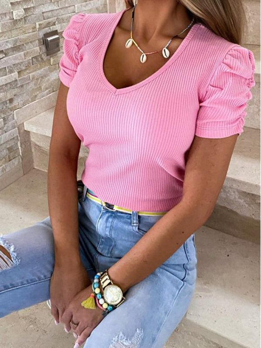 Puff Sleeve V-Neck T-Shirt with Unique Pit Strip Detail