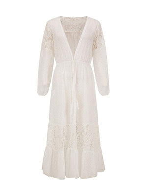 Women's chiffon stitching lace long coat sun protection shirt blouse-kakaclo-White-S-Très Elite