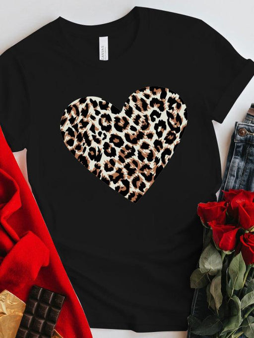 Leopard and Heart Graphic Print Tee for Women