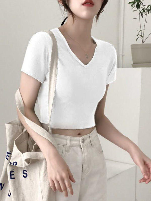 V-neck navel short-sleeved slim fit T-shirt spring and summer short-kakaclo-White-S-Très Elite