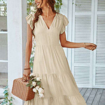Bohemian Flutter Sleeve Vintage V-Neck Dress with a Touch of Elegance