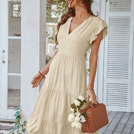 Bohemian Flutter Sleeve Vintage V-Neck Dress with a Touch of Elegance