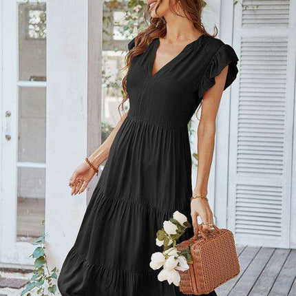 Bohemian Flutter Sleeve Vintage V-Neck Dress with a Touch of Elegance