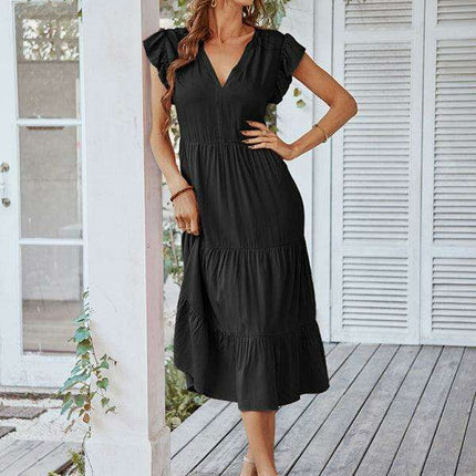 Bohemian Flutter Sleeve Vintage V-Neck Dress with a Touch of Elegance
