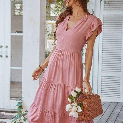 Bohemian Flutter Sleeve Vintage V-Neck Dress with a Touch of Elegance