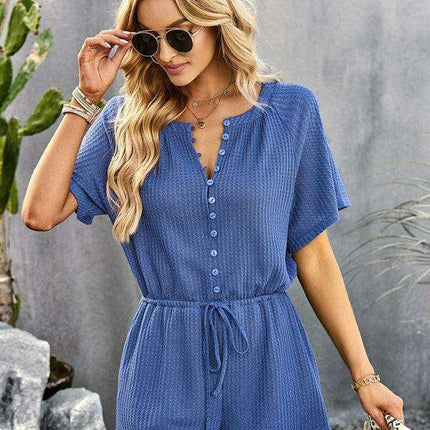 Chic Ribbed Weekend Romper with Front Button Closure - Women's Fashion Jumpsuit