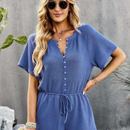 Chic Ribbed Weekend Romper with Front Button Closure - Women's Fashion Jumpsuit