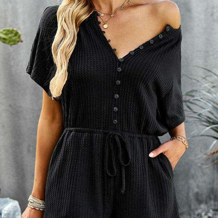 Chic Ribbed Weekend Romper with Front Button Closure - Women's Fashion Jumpsuit