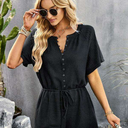 Chic Ribbed Weekend Romper with Front Button Closure - Women's Fashion Jumpsuit