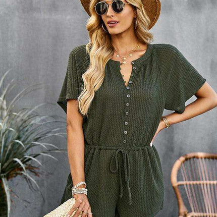 Chic Ribbed Weekend Romper with Front Button Closure - Women's Fashion Jumpsuit