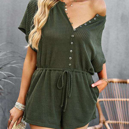 Chic Ribbed Weekend Romper with Front Button Closure - Women's Fashion Jumpsuit