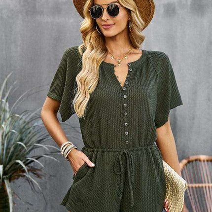 Chic Ribbed Weekend Romper with Front Button Closure - Women's Fashion Jumpsuit