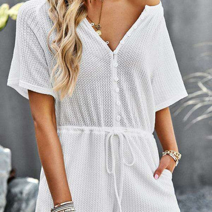 Chic Ribbed Weekend Romper with Front Button Closure - Women's Fashion Jumpsuit