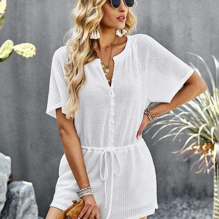 Chic Ribbed Weekend Romper with Front Button Closure - Women's Fashion Jumpsuit