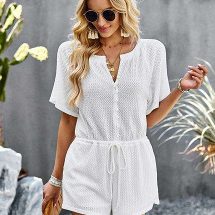 Chic Ribbed Weekend Romper with Front Button Closure - Women's Fashion Jumpsuit