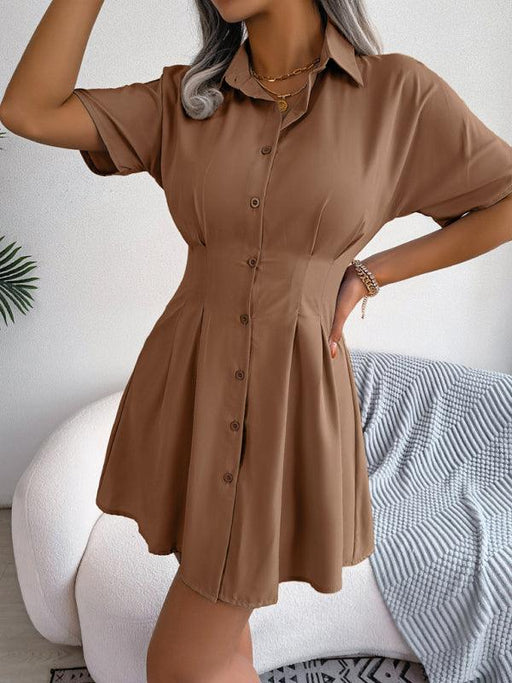 Solid Color Button-Front Women's Mini Shirt Dress with Short Sleeves