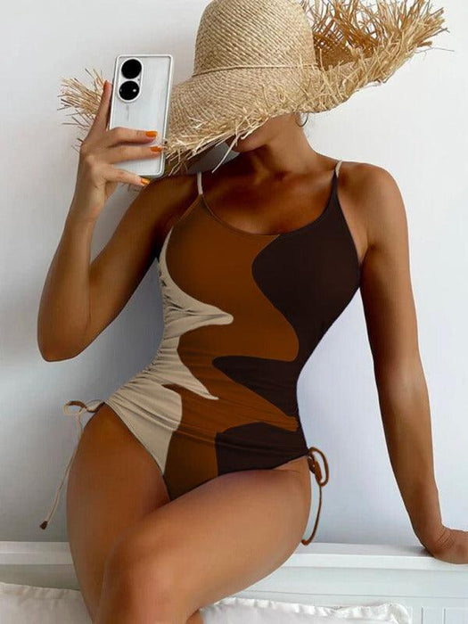 New One-Piece Swimsuit Multicolor Stitching Drawstring Corrugated Ladies Swimsuit-Clothing, Shoes & Accessories›Women›Clothing›Swim›One Pieces-kakaclo-Coffe-S-Très Elite