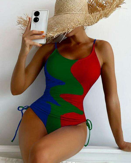Vibrant Multicolor Drawstring One-Piece Swimsuit