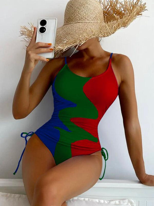 JakotoNew One-Piece Swimsuit Multicolor Stitching Drawstring Corrugated Ladies Swimsuit