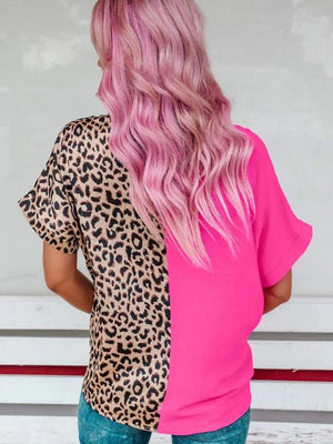Women's short-sleeved leopard print contrast color v-neck loose pullover-Jakoto-Leopard-S-Très Elite