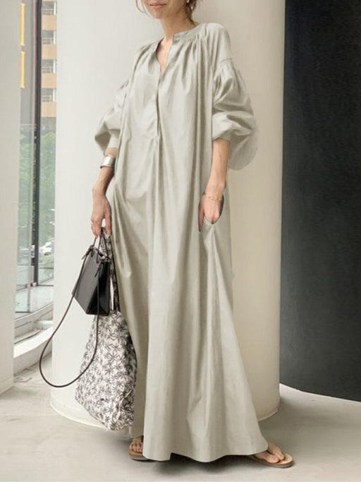Solid Color Women's Elegant Shirt Dress with Balloon Sleeves