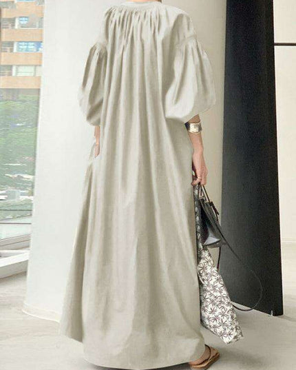 Elegant Solid Color Dress with Delightful Balloon Sleeves - A Trendy Choice for Contemporary Women