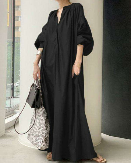 Elegant Solid Color Dress with Delightful Balloon Sleeves - A Trendy Choice for Contemporary Women