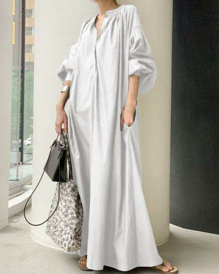 Elegant Solid Color Dress with Delightful Balloon Sleeves - A Trendy Choice for Contemporary Women