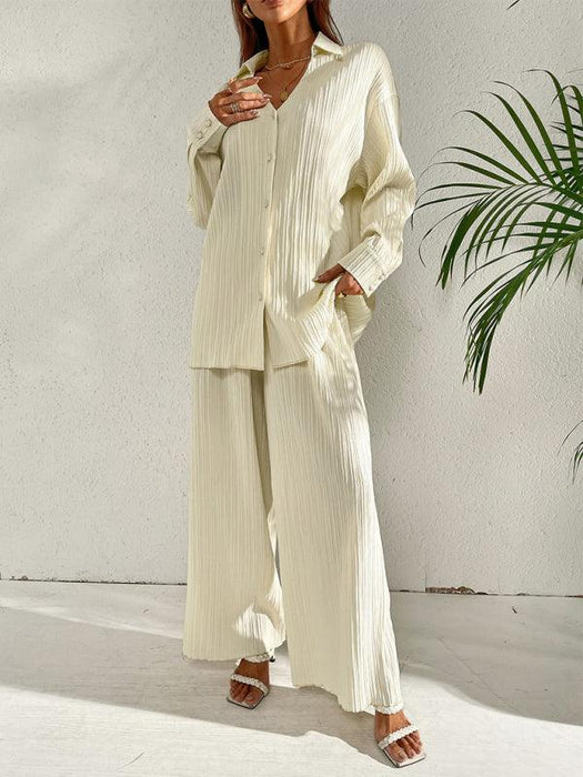 Chic Pleated Shirt and Wide-Leg Pants Set for Fashionable Ladies