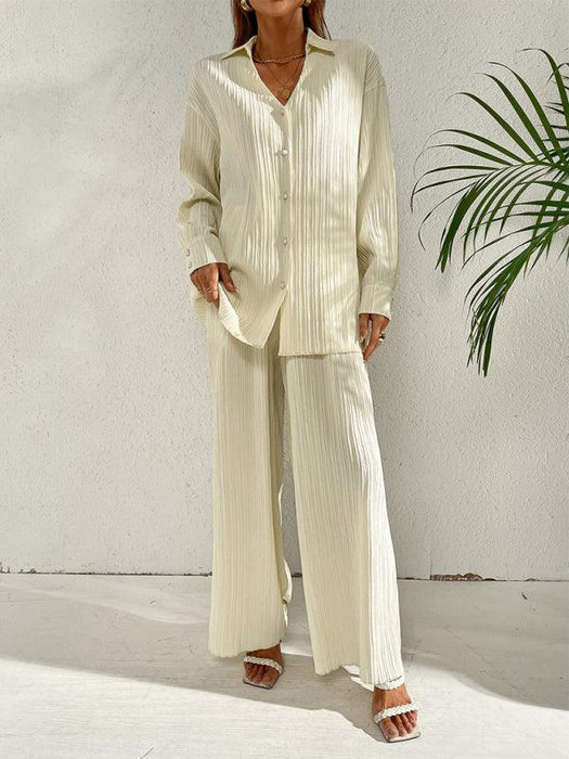 Sophisticated Pleated Shirt and Wide-Leg Pants Set for Stylish Women