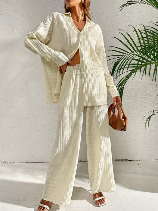 Sophisticated Pleated Shirt and Wide-Leg Pants Set for Stylish Women