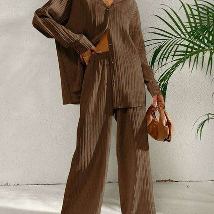 Sophisticated Pleated Blouse with Elegant Wide-Leg Trousers Ensemble for Contemporary Women