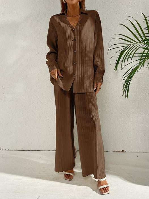 Chic Pleated Shirt and Wide-Leg Pants Set for Fashionable Ladies