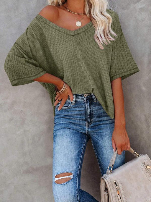 Vibrant V Neck Waffle Knit Loose Solid Color Short Sleeve Tee