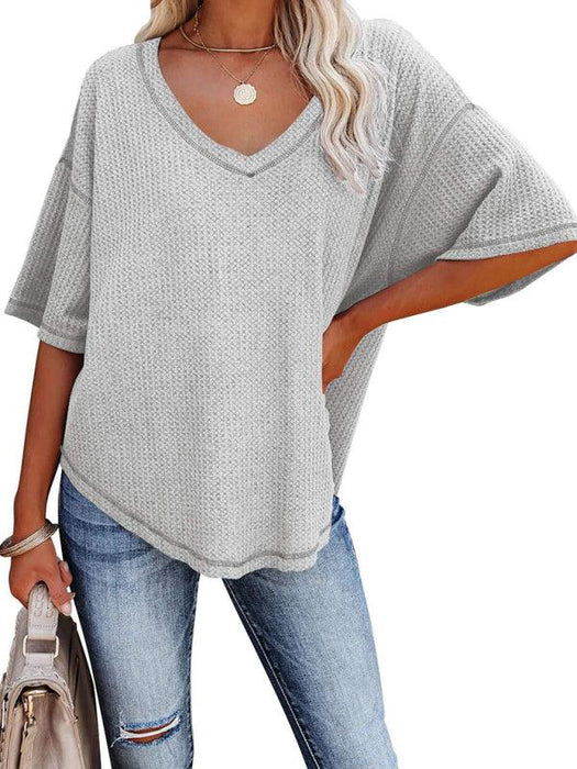 Vibrant V Neck Waffle Knit Loose Solid Color Tee - Women's Relaxed Summer Top