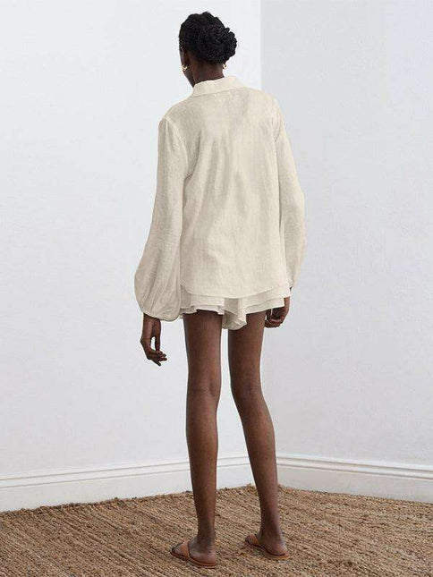 Chic Ruffle Shorts and Drop Sleeve Two-Piece Casual Outfit