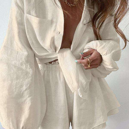 Chic Ruffle Shorts and Drop Sleeve Two-Piece Casual Outfit