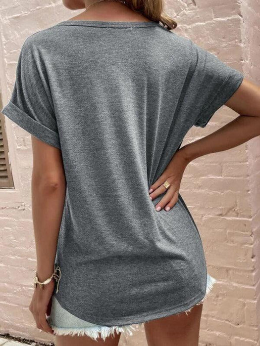 Casual Solid Color Loose Fit T-Shirt with Notched Neckline and Short Sleeves for Women
